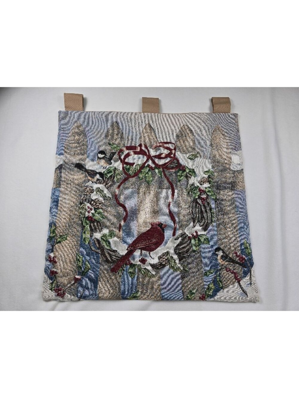 Woven Holiday Christmas Tapestry Wall Hanging  Birds Wreath Design